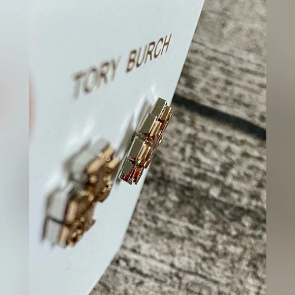 NWT! Tory Burch logo stud earrings in double gold: gold and silver tones - Picture 7 of 15